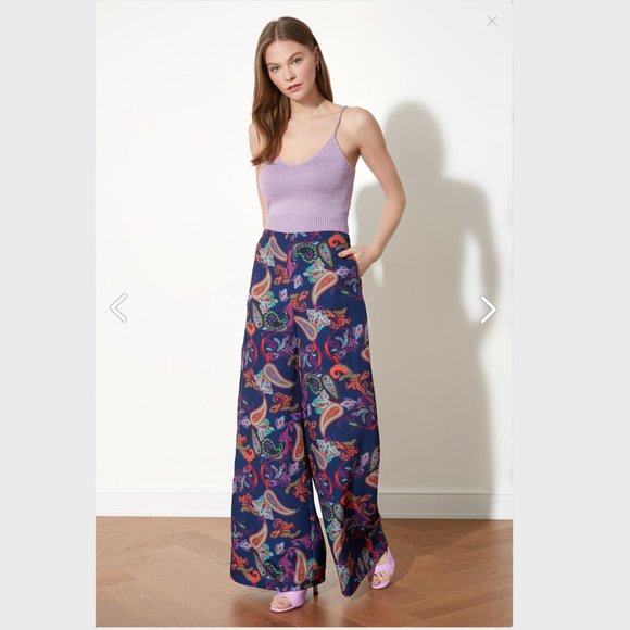 Organic Boho Navy Blue Patterned Wide Leg Trouser - Picture 2 of 11